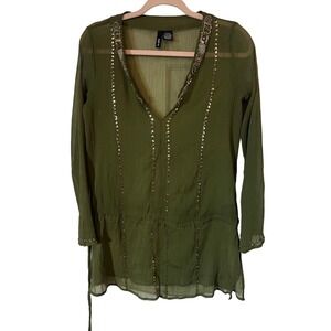 Y2K Mixit Sheer Tunic Top XS Boho Earthy Olive Green Beaded Gold Sequin Gauze